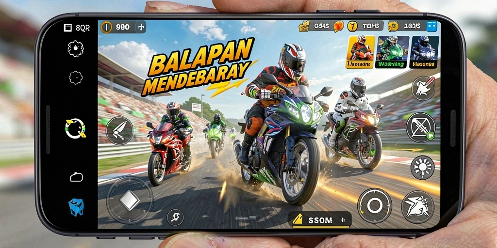 Tampilan gameplay seru di 8QR dengan motor balap di trek.