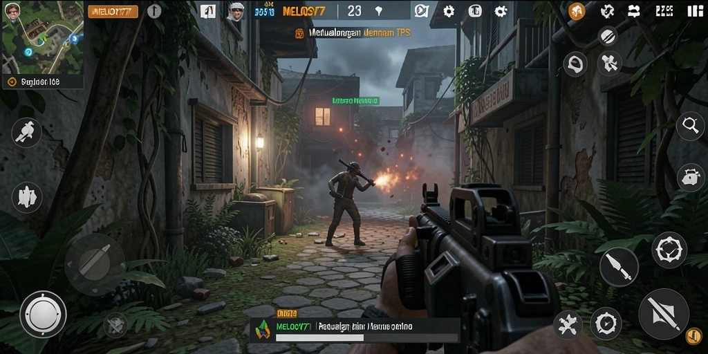 Tampilan gameplay seru MELODY77 dalam pertarungan TPS.