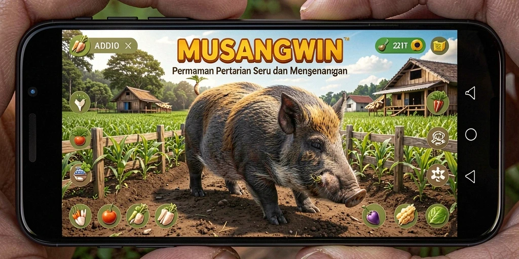 Tangkapan layar gameplay <strong>MUSANGWIN</strong> menunjukkan aktivitas pertanian yang menyenangkan.