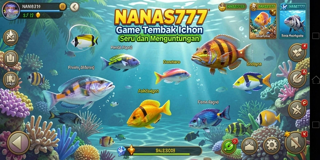 Tampilan gameplay seru NANAS777 saat menembak ikan di lautan.