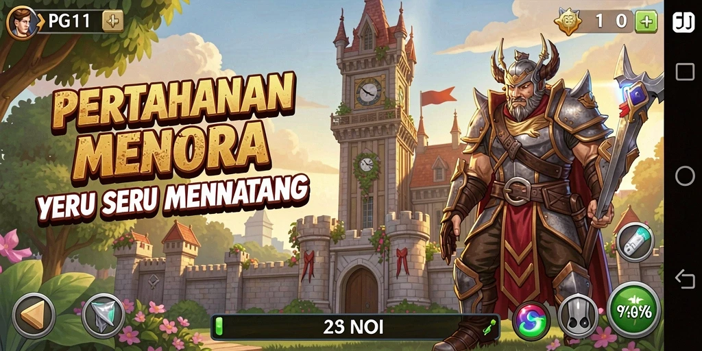 Screenshot gameplay PG11 menampilkan aksi menara bertahan melawan gelombang musuh.