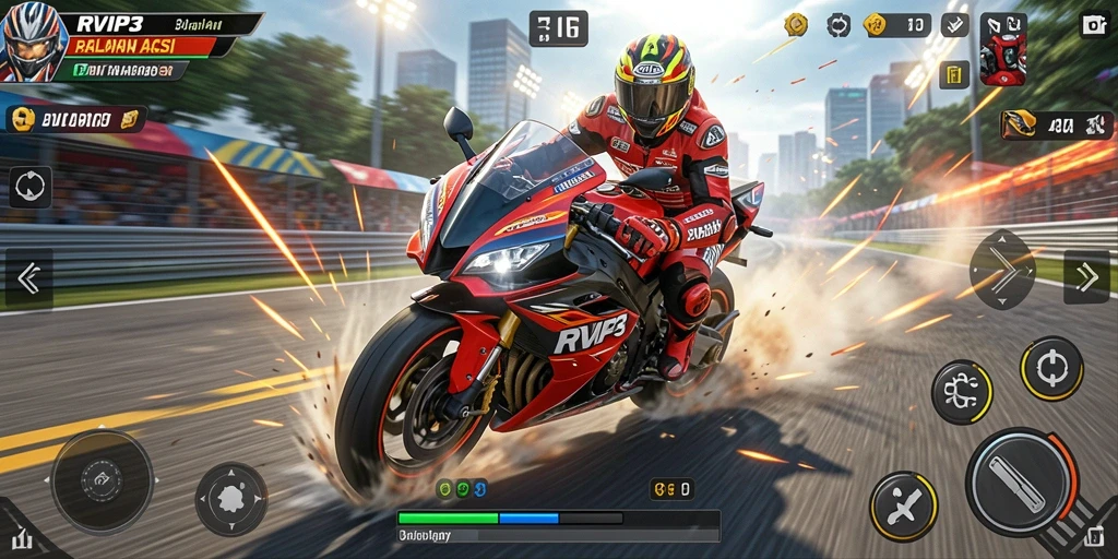 Tampilan gameplay balapan motor yang seru dan mendebarkan.